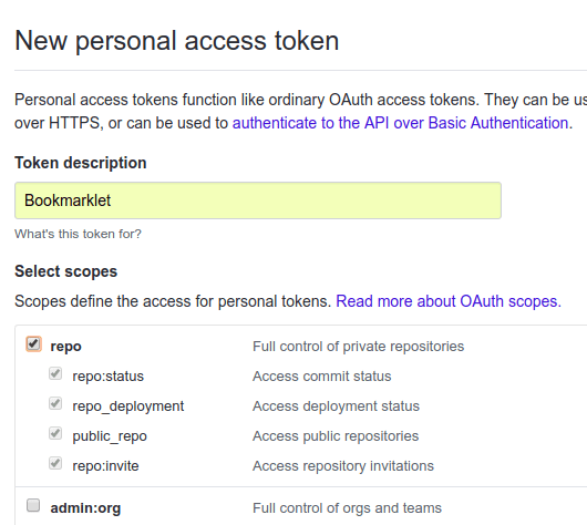 github add new personal token page