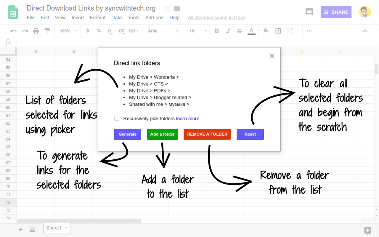 drive direct links sheets add-on folder list modal