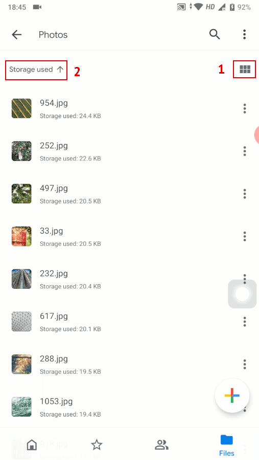 using drive app to sort files by size