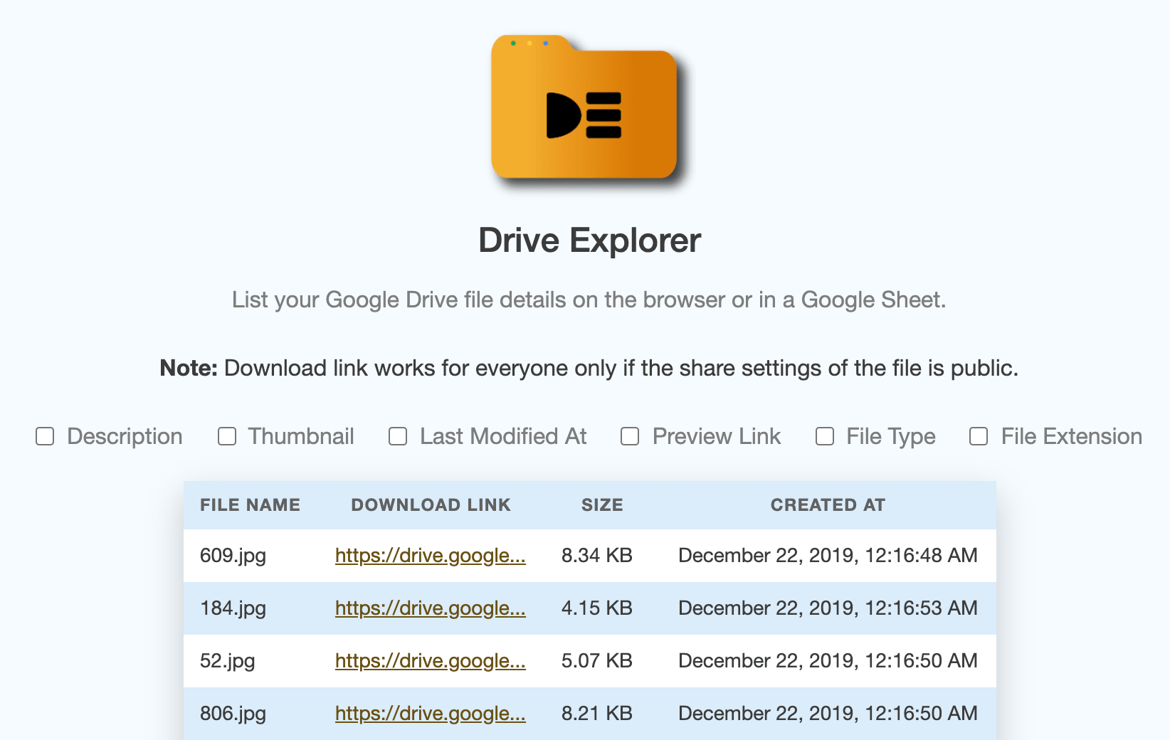 List your Google Drive Files on the Browser or in a Google Sheet