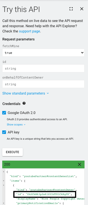 YouTube content owner id from content owner list API