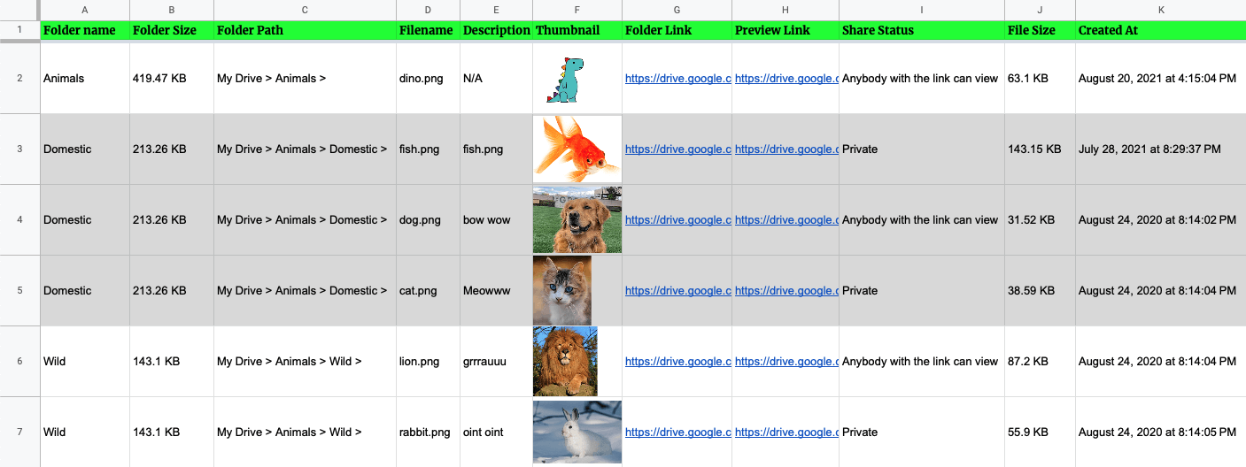 drive explorer list files on a google sheet