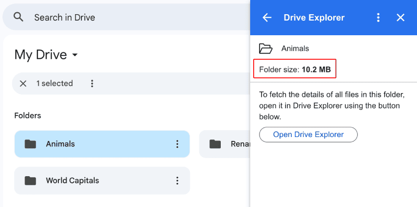 drive explorer folder size in sidepanel